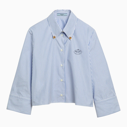 White/blue striped cropped button-down shirt with logo