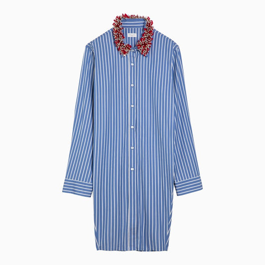 Blue striped shirt with beaded collar