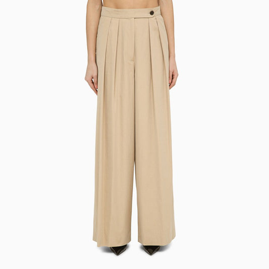Beige cotton wide pleated trousers