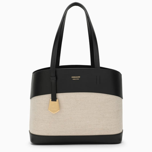 [WOMEN][DIGGING]Black/natural leather and textile tote bag