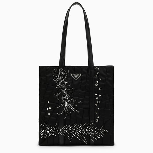 Medium black Re-Nylon shopping bag with embroidery