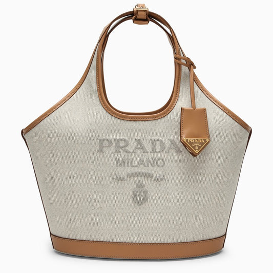 Large shopping bag in linen and leather blend with logo
