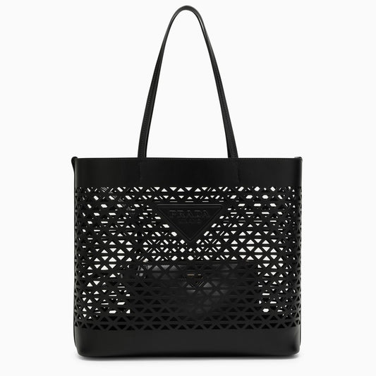 Large black perforated leather shopping bag
