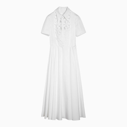White cotton midi chemisier dress with flower embroidery