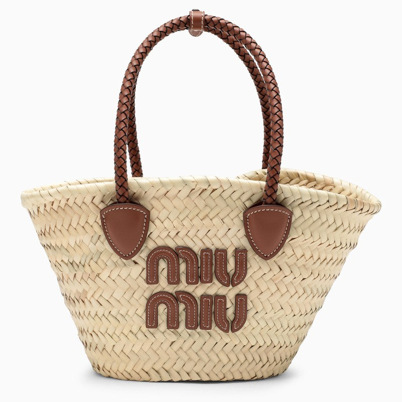 Beige small straw shoulder bag with logo