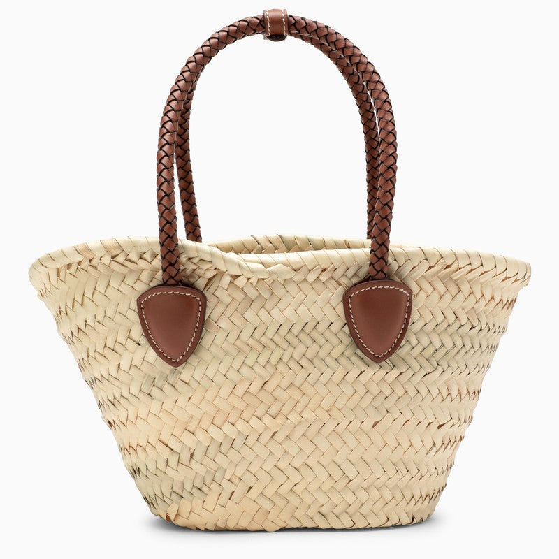 Beige small straw shoulder bag with logo