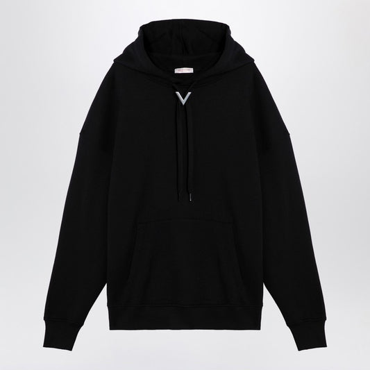 Black cotton hooded sweatshirt with V detail