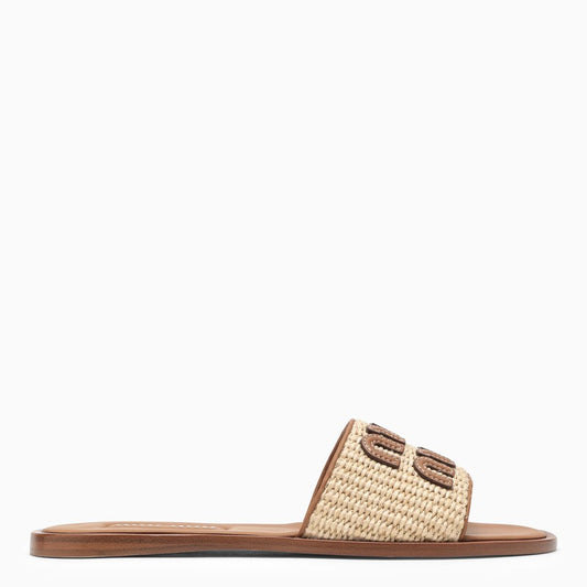 Beige and brown leather slide sandal with logo