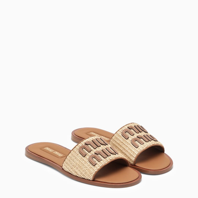 Beige and brown leather slide sandal with logo
