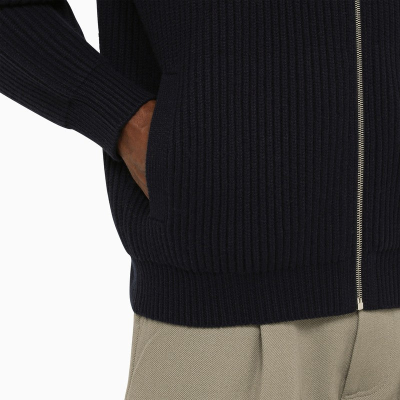 Ribbed wool and cashmere blue navy cardigan