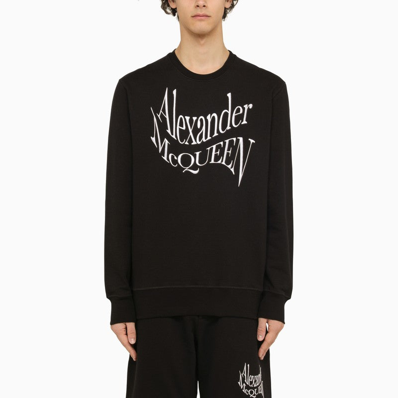 Black crewneck sweatshirt with distorted logo