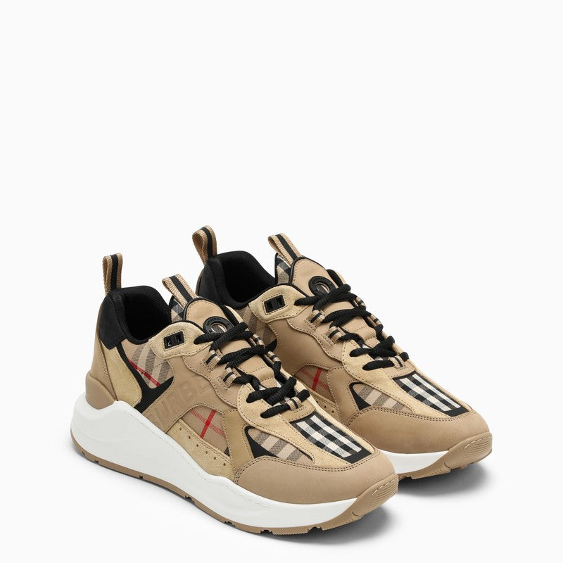 Beige leather and check print trainer