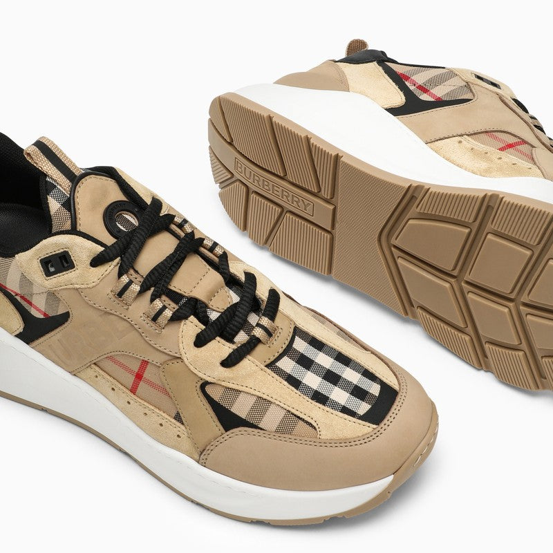 Beige leather and check print trainer