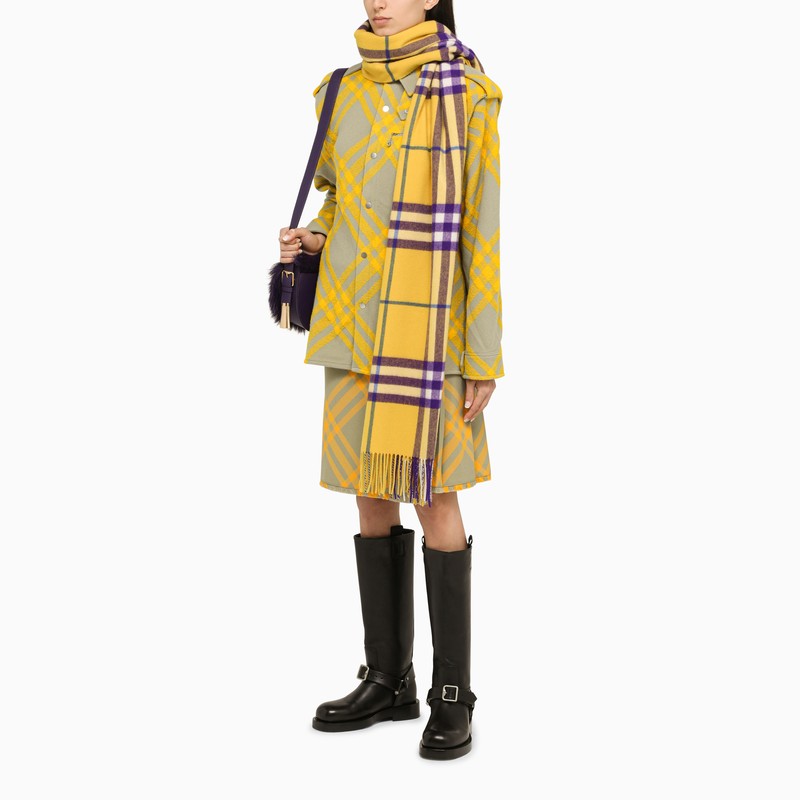 Yellow/purple check cashmere scarf