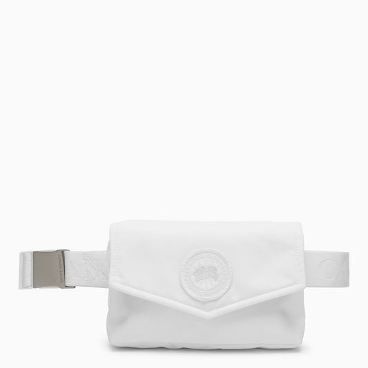 White nylon fanny pack with logo patch