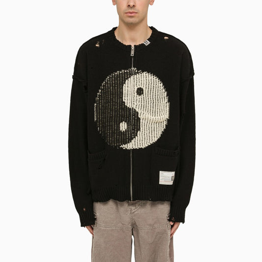 [NEW IN]Black cotton cardigan with yin and yang inlay