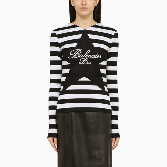 Black and white striped shirt with cotton logo