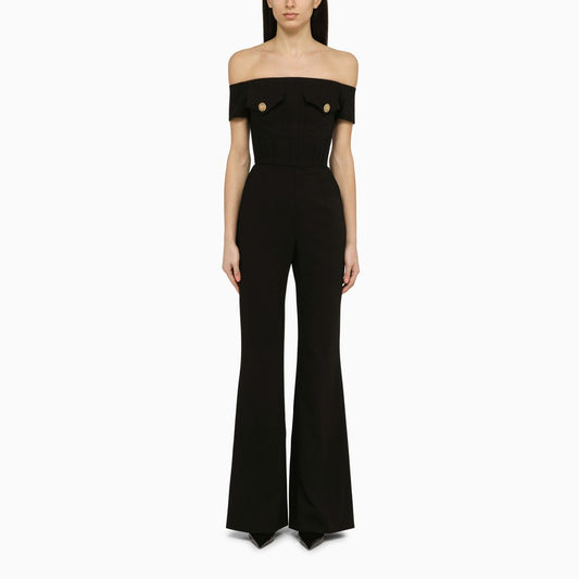 Black viscose jumpsuit with jewelled buttons