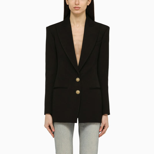 Black wool single-breasted jacket with jewelled buttons