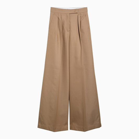 Beige cotton wide trousers with pleats