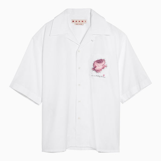 White cotton Bowling shirt with flower appliqué