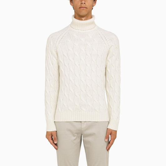 White cable-knit turtleneck