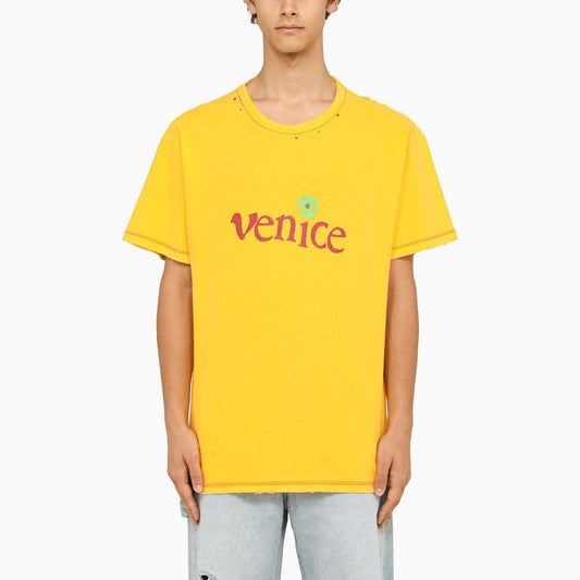 Yellow crew-neck T-shirt with wears