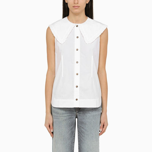 White cotton sleeveless shirt with collar