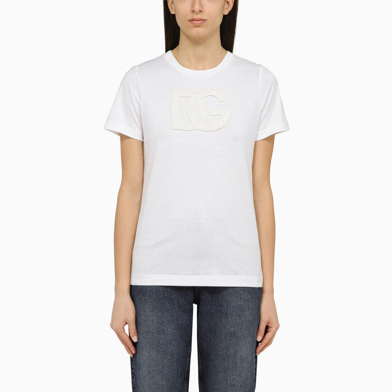 White crew-neck T-shirt with logo embroidery in cotton