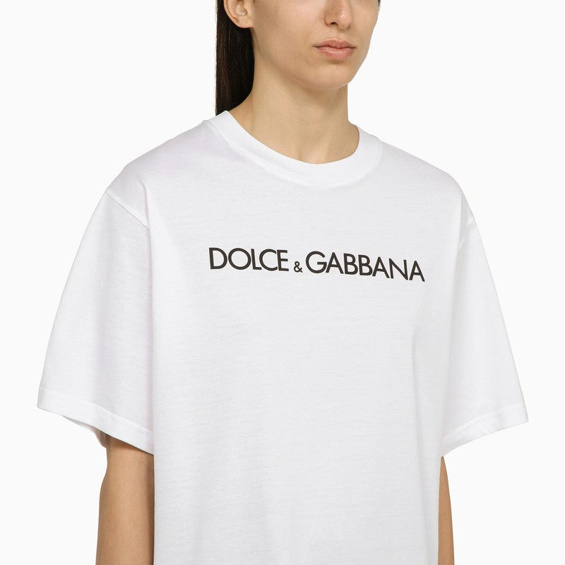 White crew-neck T-shirt with logo in cotton