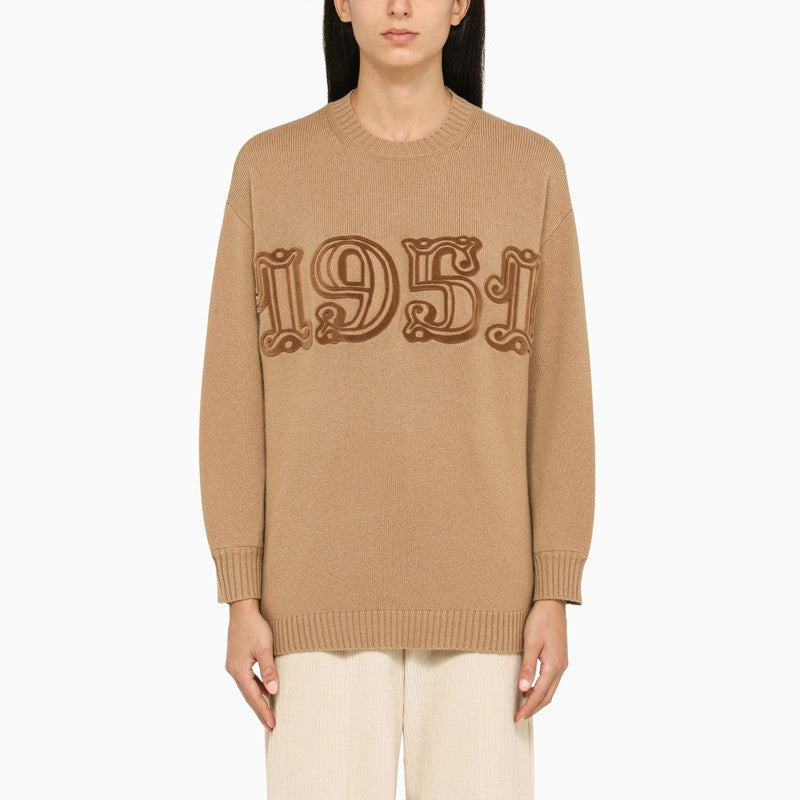 Camel crew-neck sweater with inlay