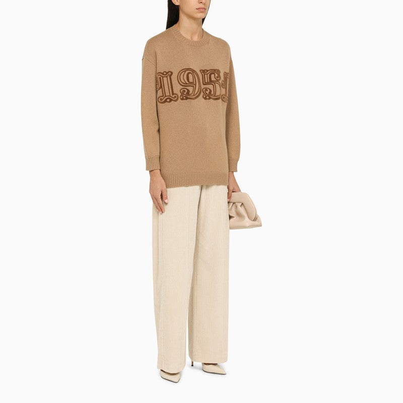 Camel crew-neck sweater with inlay