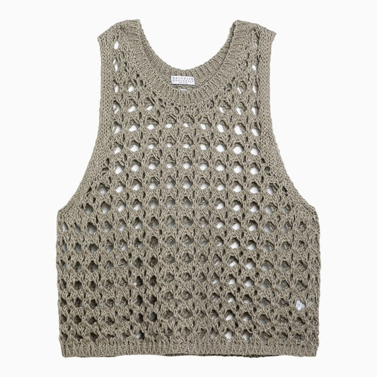 Dark green perforated cotton-blend tank top