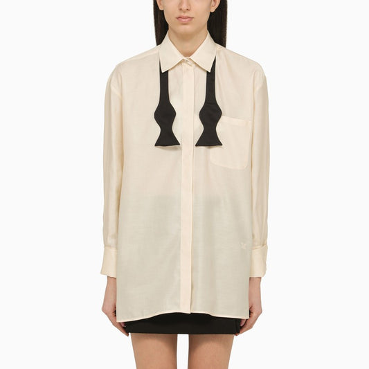 Ivory cotton oversize shirt with bow tie