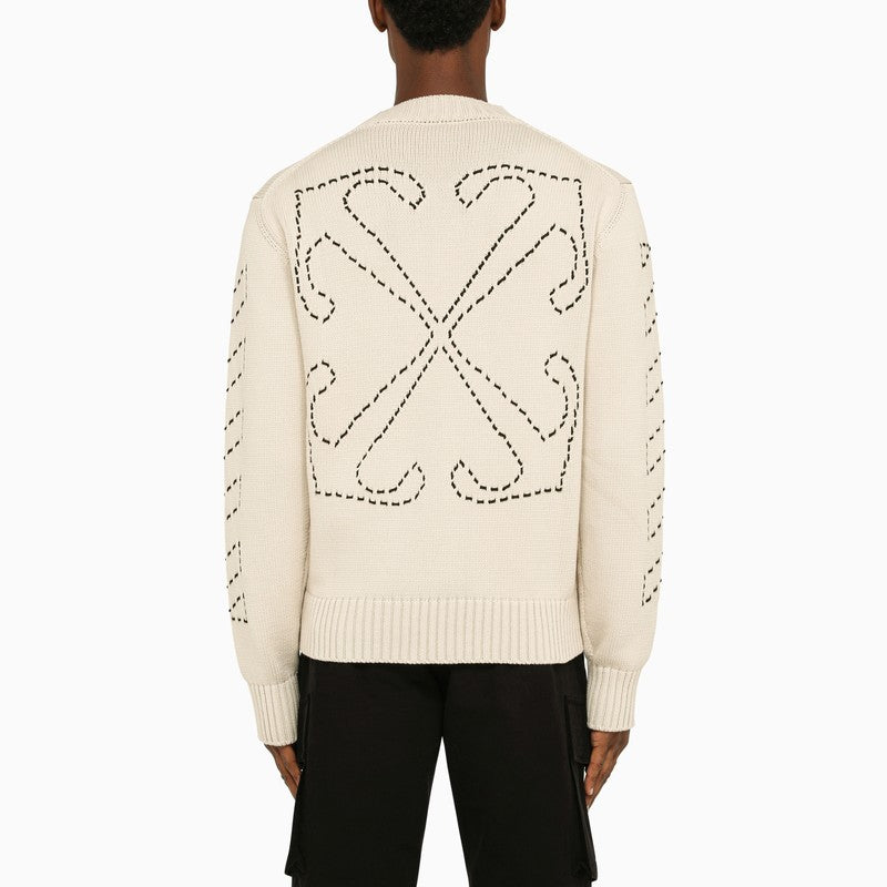 Beige crew-neck sweater with stitching