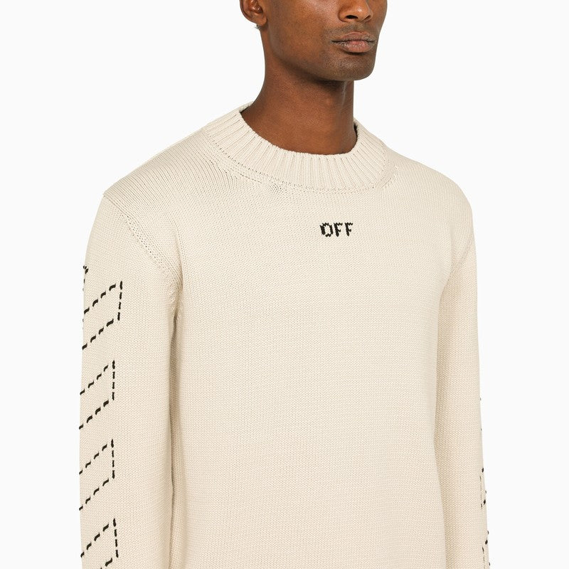 Beige crew-neck sweater with stitching