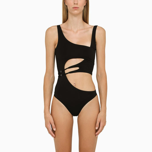 Asymmetric black one-piece swimming costume