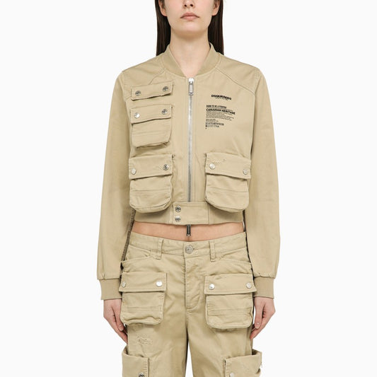 Beige cotton multi-pocket bomber jacket