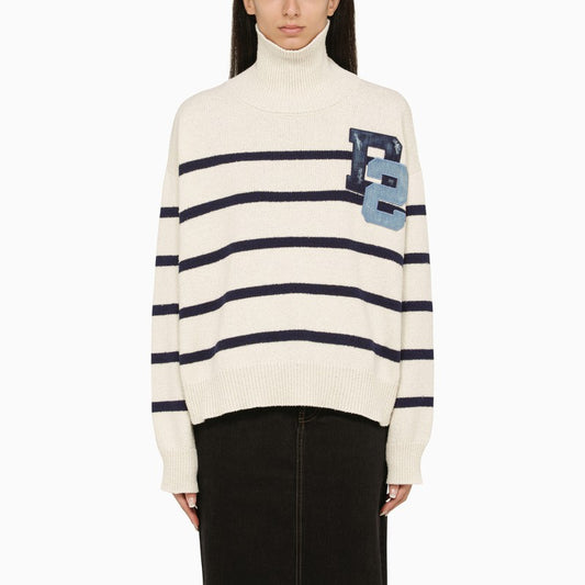 Blue/white striped turtleneck sweater with logo