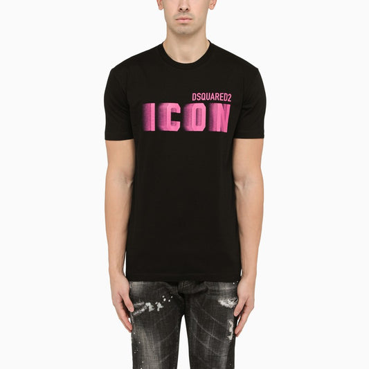 Black crew-neck T-shirt with pink Icon print