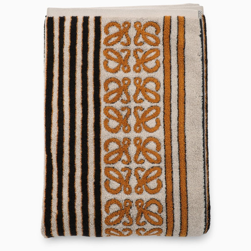 Brown striped beach towel with logo in cotton towelling