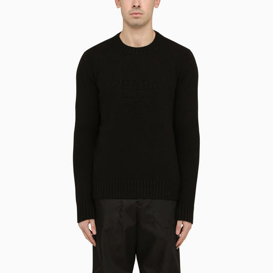 Black wool cashmere crew-neck sweater with logo