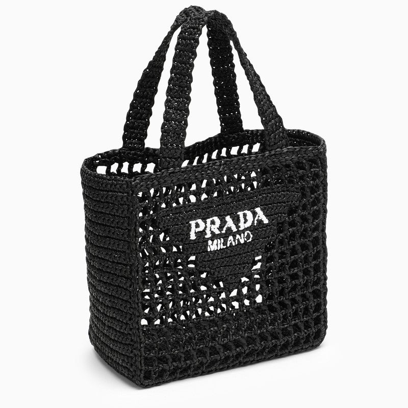 Black logoed crochet tote bag