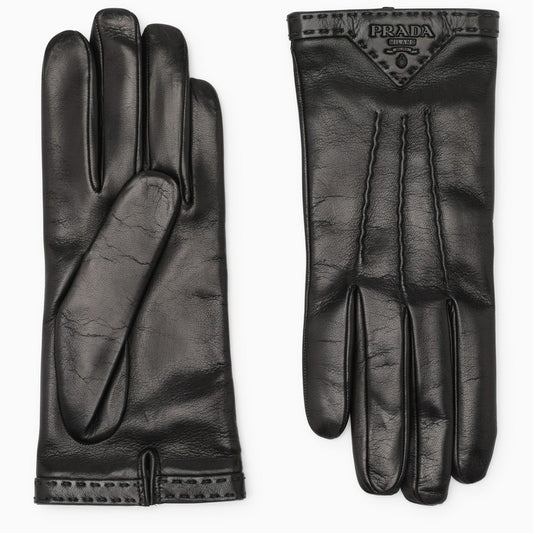 Black leather gloves with logo