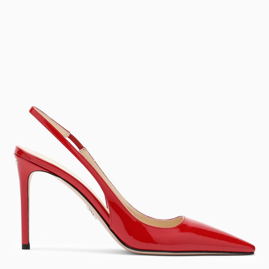 Pointed red patent leather slingback pumps