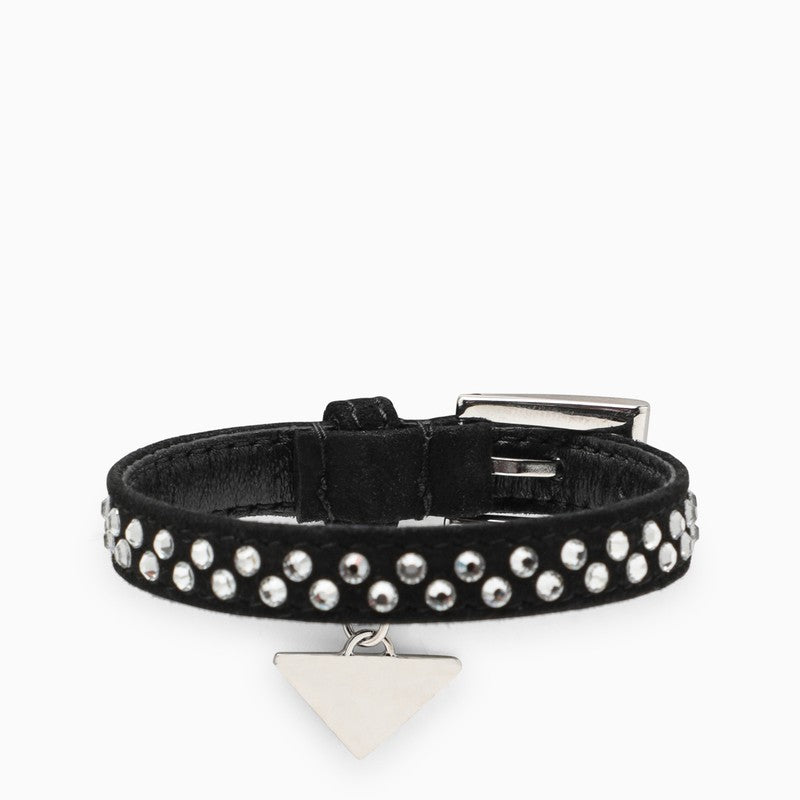 Black leather bracelet with rhinestones