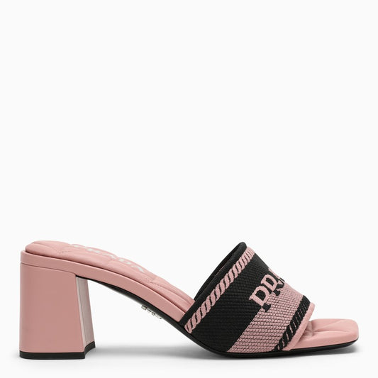 Black/pink leather and fabric sandal