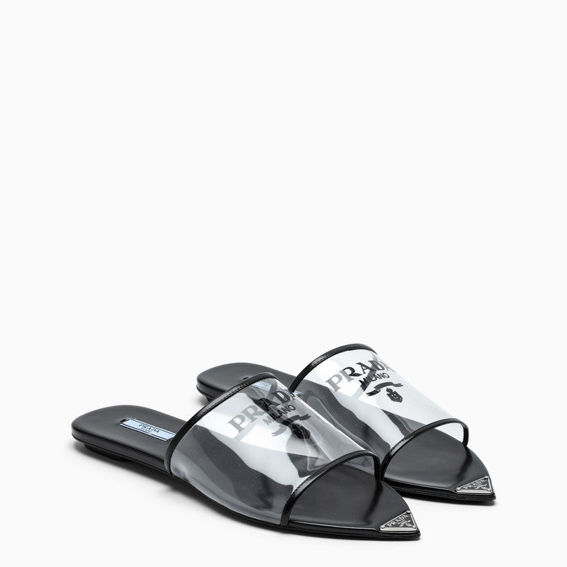 Black leather and PVC slipper sandals