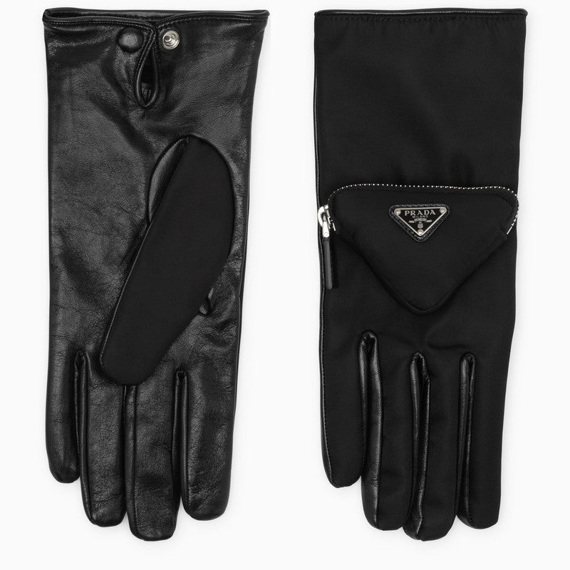 Black leather and technical nylon gloves
