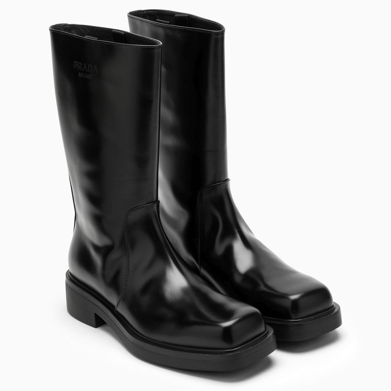 Black leather boot with logo
